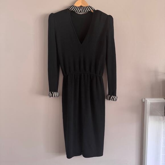 St. John By Marie Gray Vintage Black Beaded Trim Collar and Cuff Knit Dress 4 - Picture 2 of 14